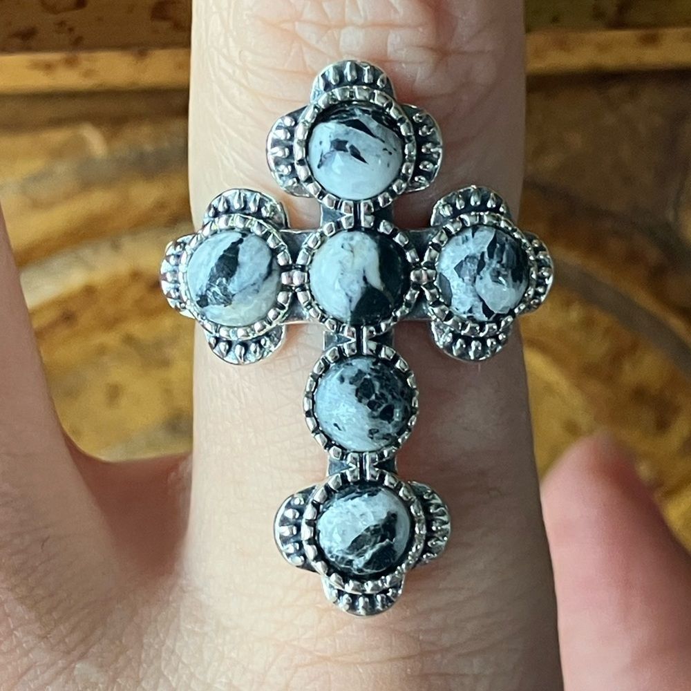 White Buffalo Turquoise Sterling Silver Cross Ring Size 8